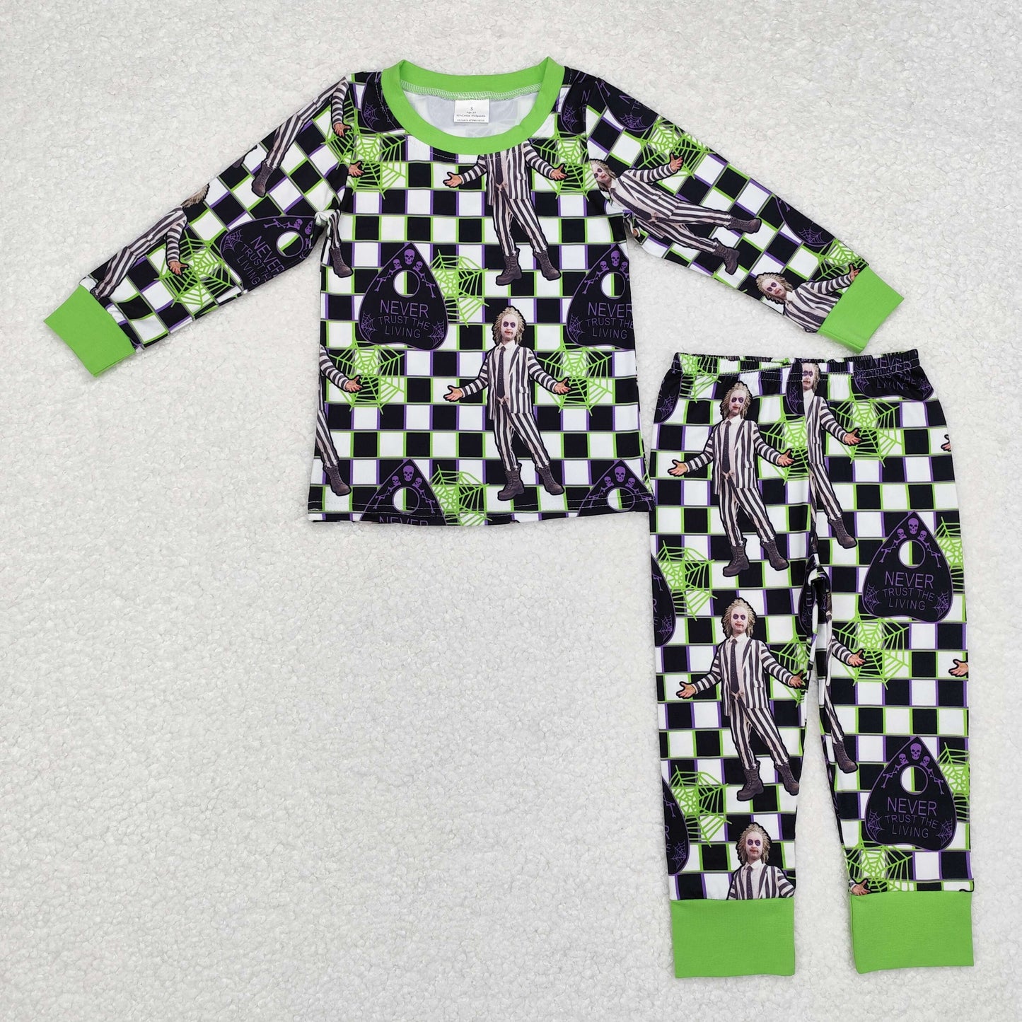 Baby Boy Halloween Checkered Shirt Pants Pajamas Green Set