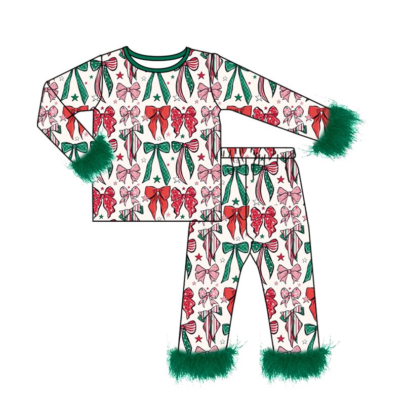 ( Moq 5 ) Preorder Baby Girls Kids Christmas Bows Shirt Green Fur Pants Set Pajamas Clothes