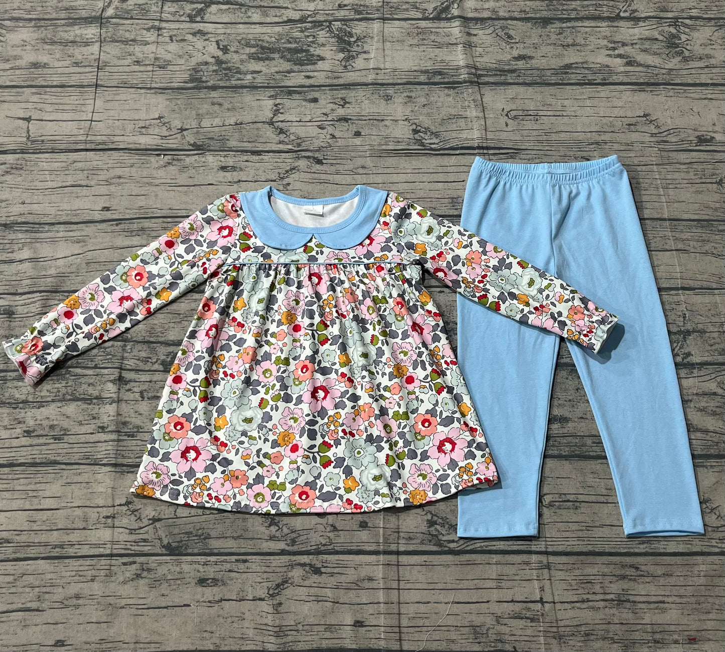 Baby Girls Kids Long Sleeves Floral Tunic Blue Pants Clothes Set RTS