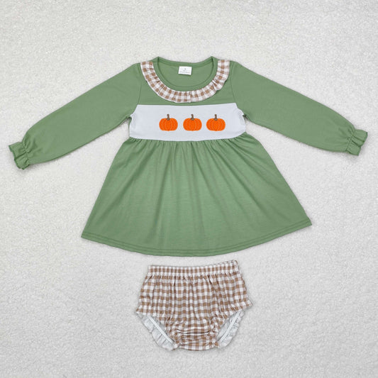 Baby Girl Embroidery Pumpkin Green Tunic Plaid Bummie Set