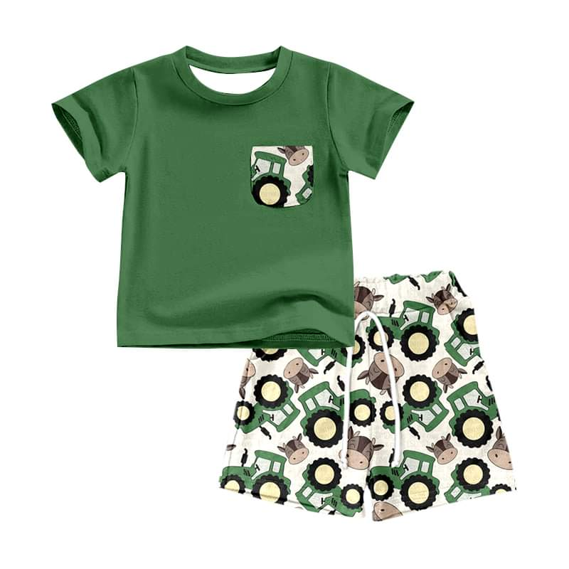 Moq 3 Pre-order BSSO0703 Baby Boy Short Sleeves Green Shirt Tractor Cow Pocket Shorts Set