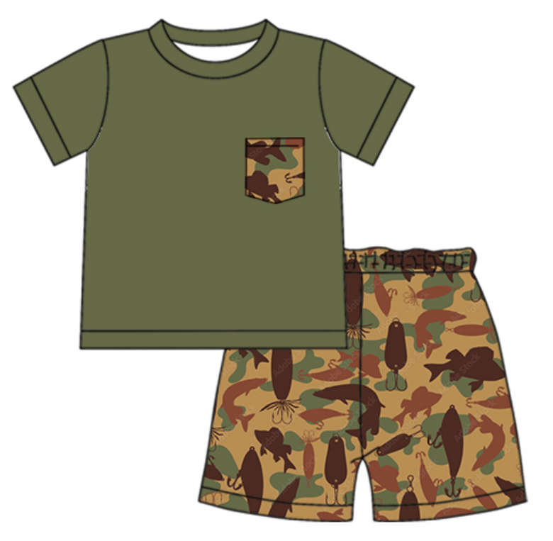 Baby Boy Girl Fishing Camo Sibling Matching Dress Romper Clothes Set ( Moq 5 Each style )