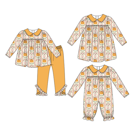 ( Moq 5 Each Style ) Sibling Baby Girls Kids Long Sleeves Pumpkins Flower Bows Fall Romper Dress Set Clothes