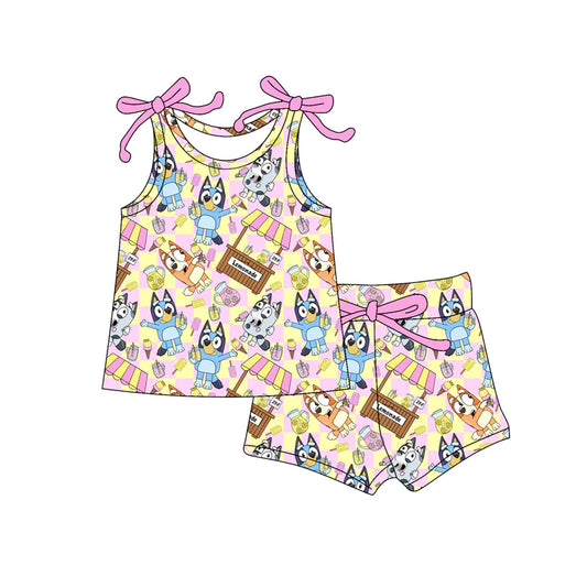Baby Girls Bows Sleeveless Cartoon Dogs Ice Cream Truck Top Short Set ( Moq 5 )