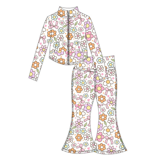 ( Moq 10 ) Baby Girl Long Sleeves Flower Pockets Zipper Tops Bell Bottom Pant Activity Wear Yoga Set