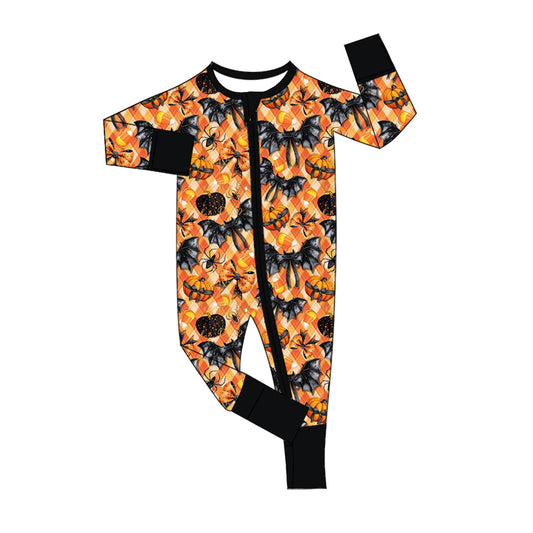 Baby Kids Long Sleeves Halloween Bats Pumpkin Bows Plaid Romper