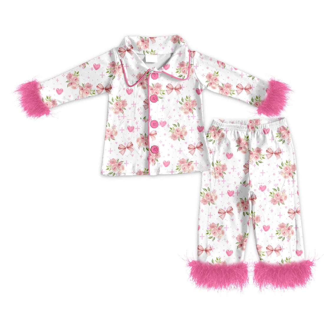 ( Moq 5 ) Baby Girls Fur Long Sleeves Shirt Pants Pajamas Hearts Flower Bows Valentine Set