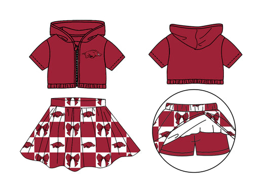 ( Moq 5 Each Style ) Baby Girls Kids Toddler Short Sleeves Pigs Hoodie Zipper Tops Bows Shorts Skirt Team Set