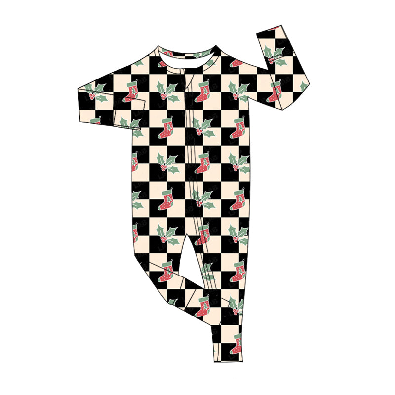 Baby Boy Long Sleeves Socks Checkered Christmas Zipper Romper