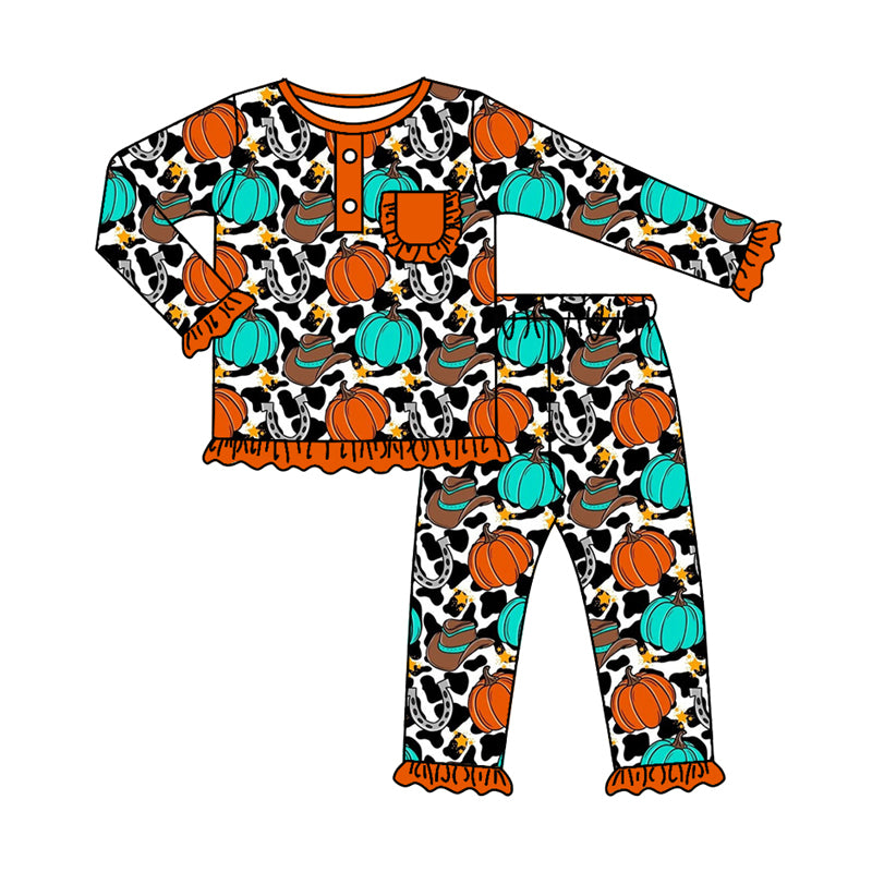 Baby Girl Long Sleeves Pumpkin Hats Western Shirt Pants Pajamas Set