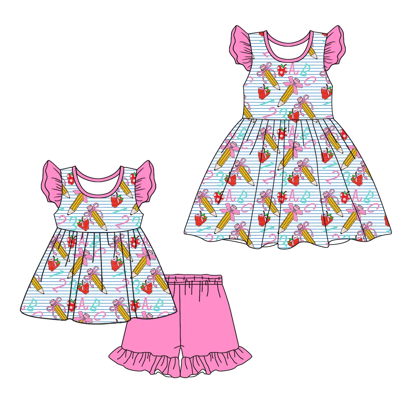Baby Girl Back To School Pencil Bows Sibling Dress Set ( Moq 5 Each Style ) 12.28