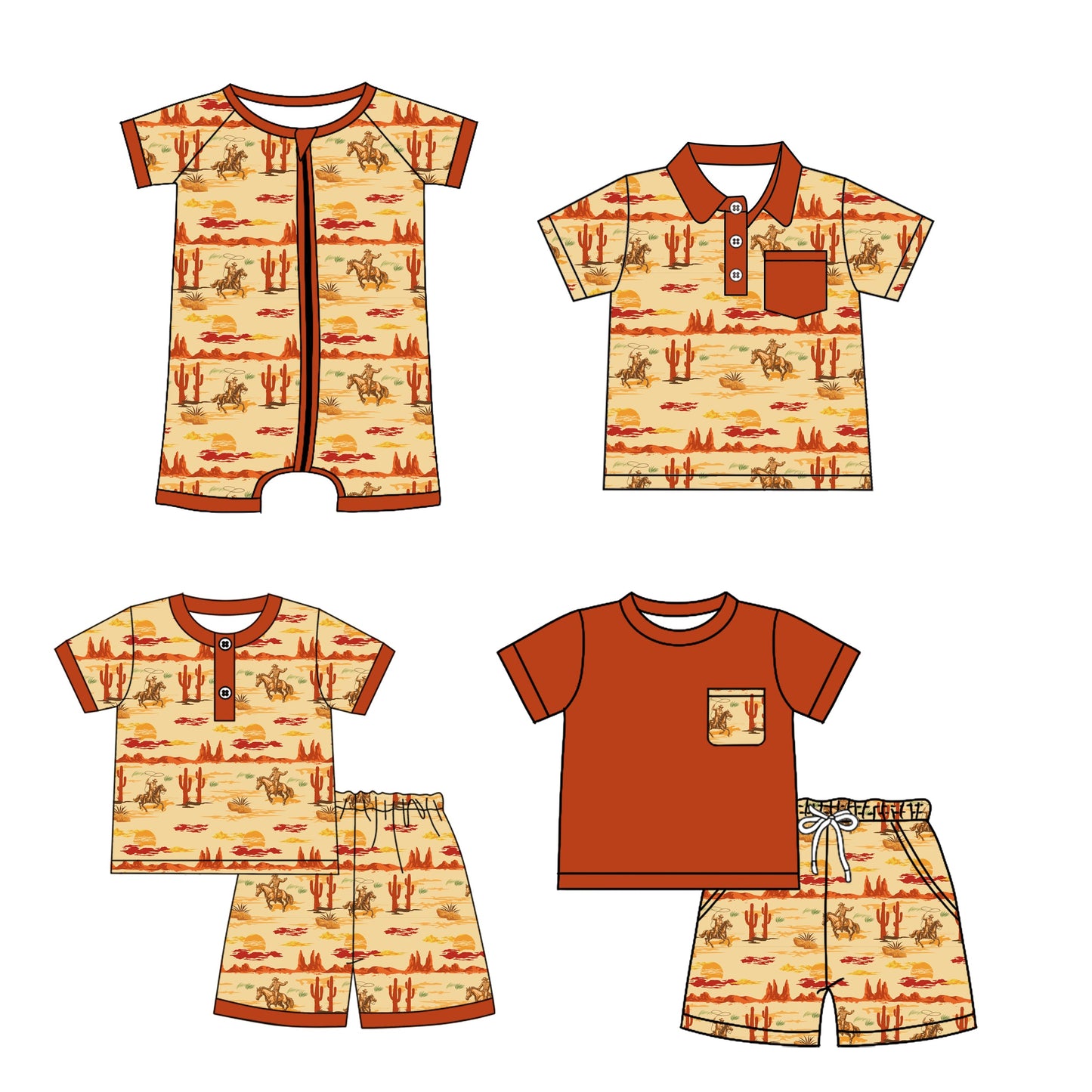 ( Moq 5 Each Style ) Baby Boy Short Sleeves Rodeo Cactus Western Sibling Romper Shirt Set 4.21
