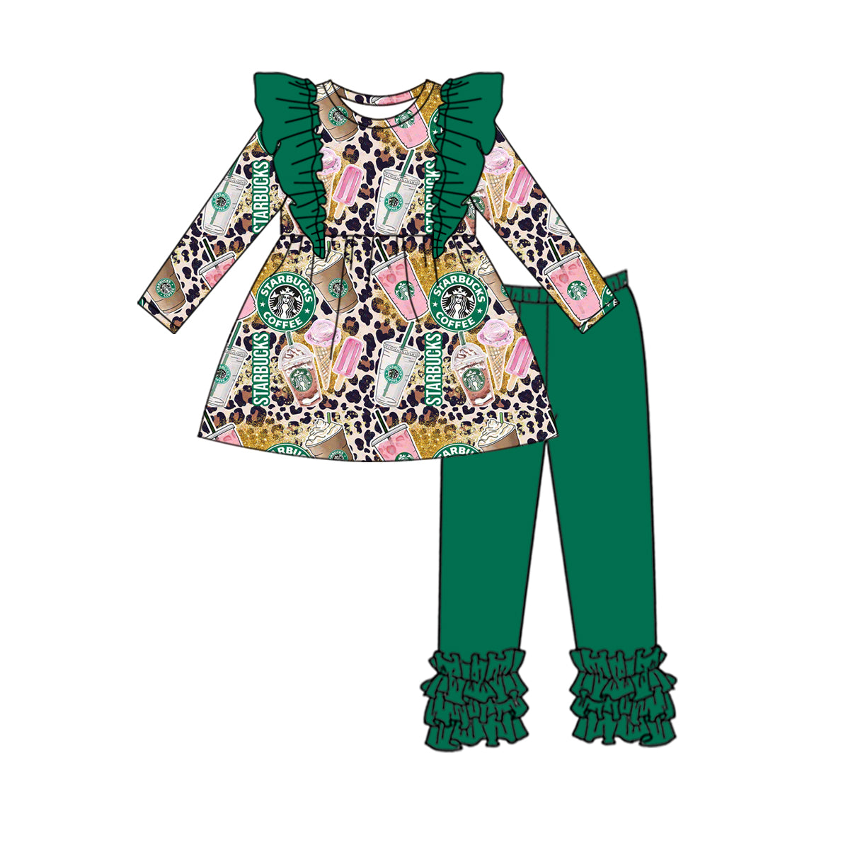 Baby Girl Long Sleeves Coffee Leopard Tops Green Ruffle Pants Set Moq 5