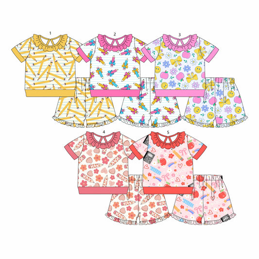 ( Moq 5 Each Style ) Sibling Baby Girls Kids Short Sleeves Pencil Shirts Shorts Back to School Sets
