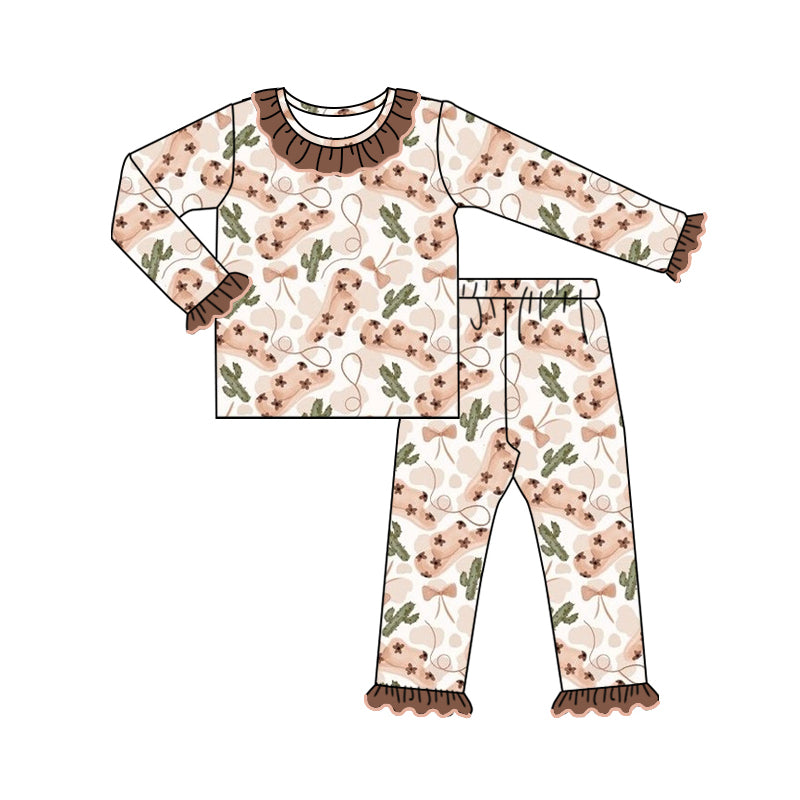 Baby Girl Long Sleeves Western Hats Cactus Bows Shirt Pants Pajamas Set