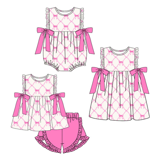 Baby Girl Pink Bows Sibling Matching Romper Dress Clothes Set ( Moq 5 Each Design )