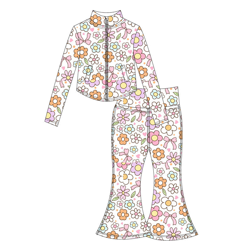 ( Moq 10 ) Baby Girl Colorful Flowers Bows Long Sleeves Pockets Zipper Tops Pants Activity Wear Yoga Set