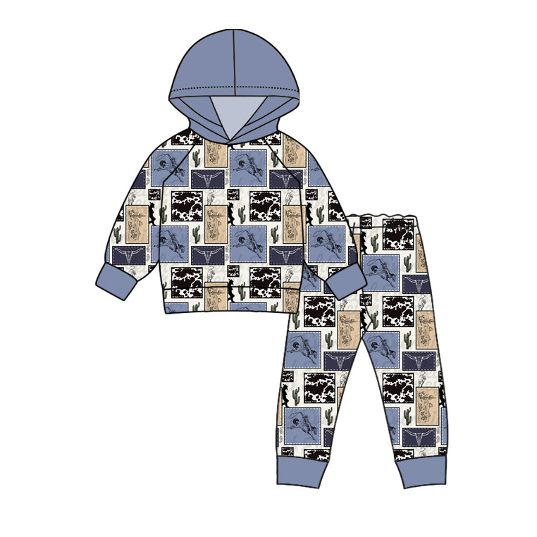 Baby Boy Long Sleeves Western Rodeo Cow Cactus Hoodie Shirt Pants Outfit Set