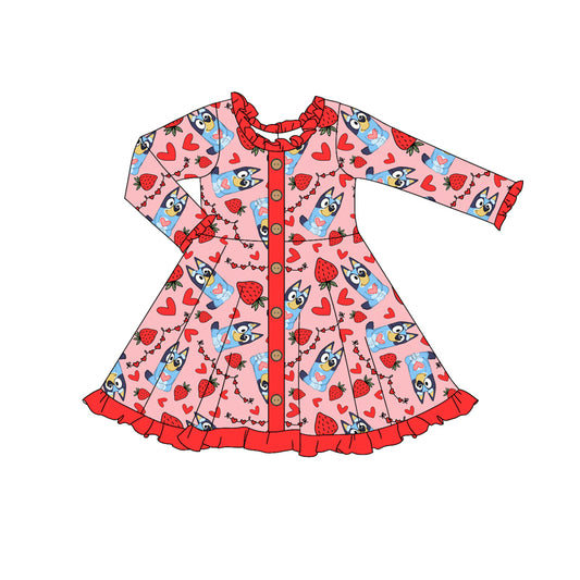 Baby Girl Long Sleeves Valentine Dog Hearts Strawberry Dress