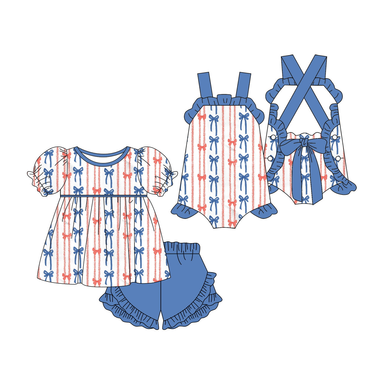( Moq 5 Each Style ) Sibling Baby Girls Kids Bows 4th of July Romper Set Summer Clothes