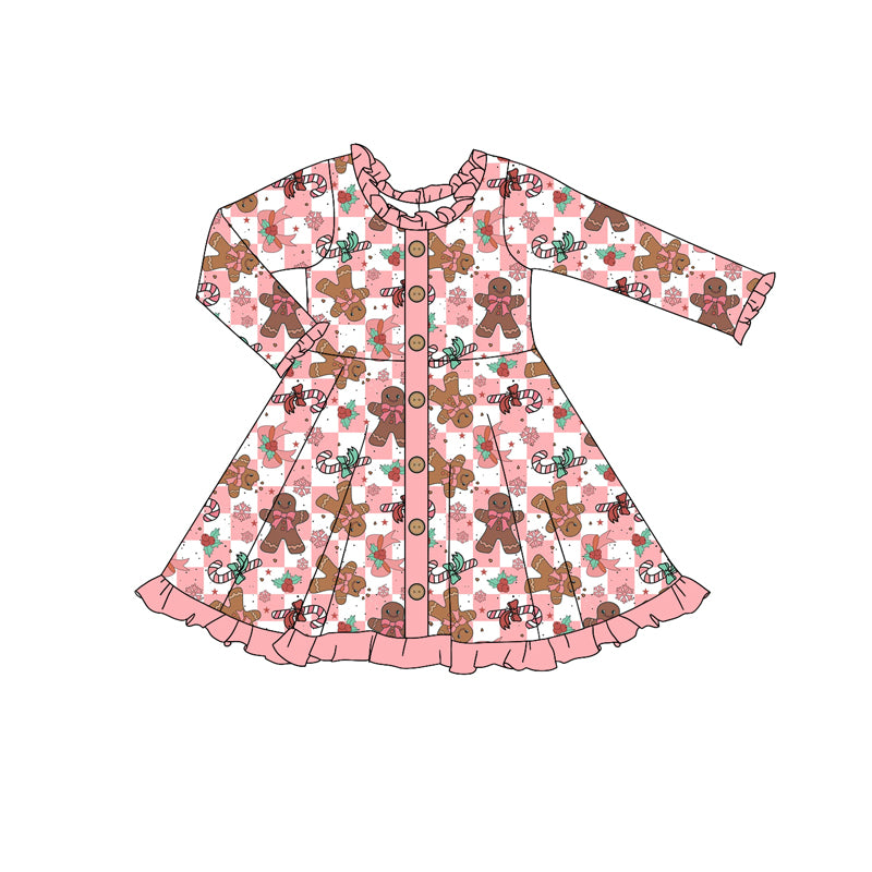 Baby Girl Long Sleeves Gingerbread Checkered Christmas Buttons Dress