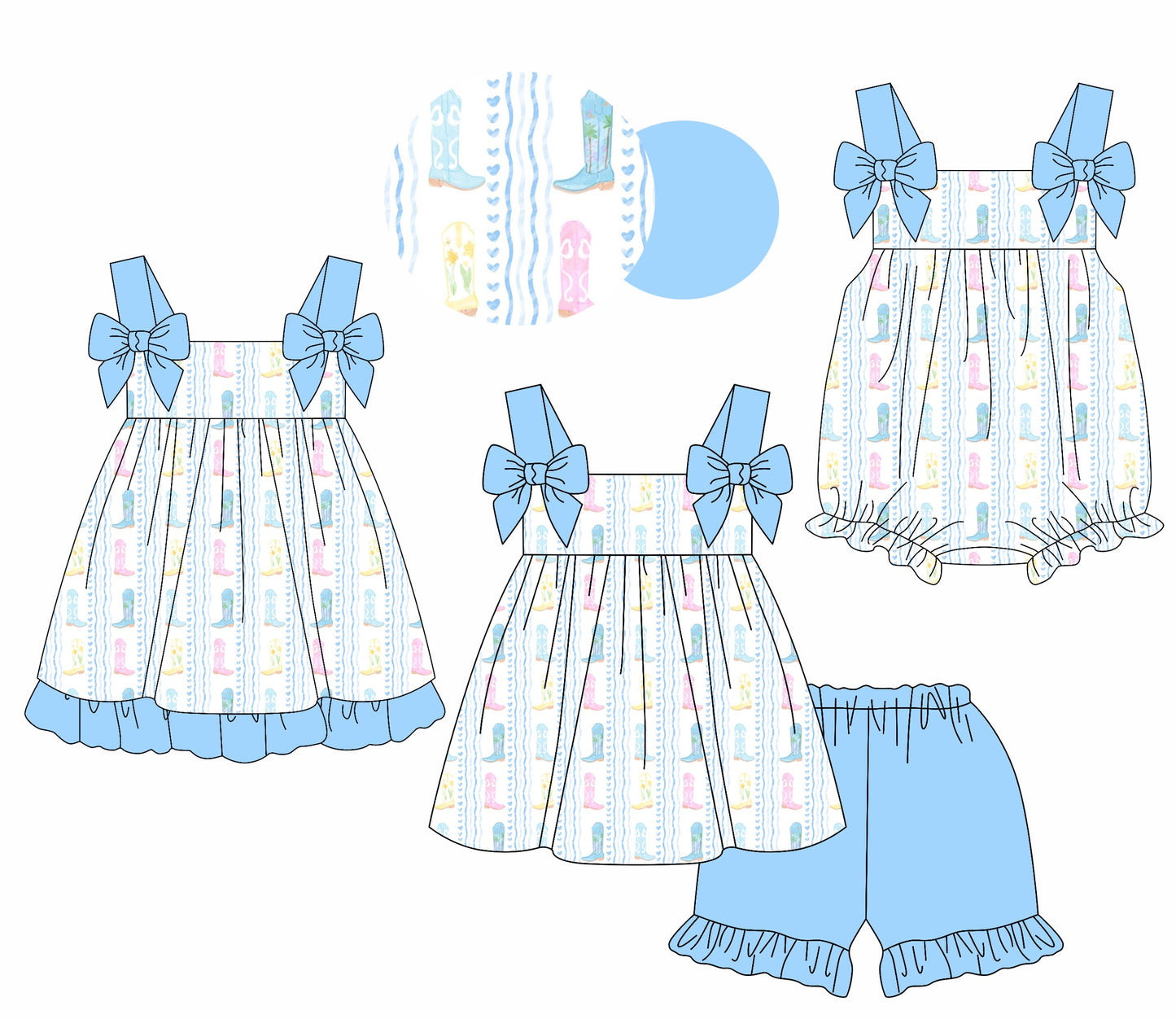 Baby Girl Straps Boots Blue Bows Hearts Sibling Romper Dress Set ( Moq 5 Each Style ) 1.21