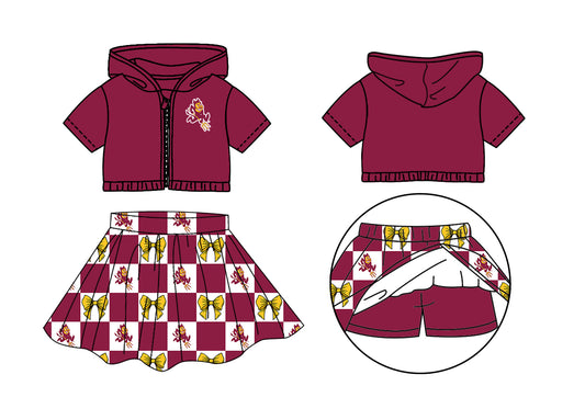 ( Moq 5 Each Style ) Baby Girls Kids Short Sleeves Red Hoodie Zipper Tops Yellow Bows Plaid Shorts Skirt Team Set
