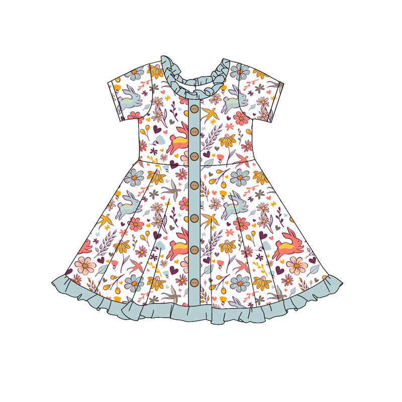 Baby Girl Toddler Short Sleeves Flower Rabbit Easter Knee Length Dress