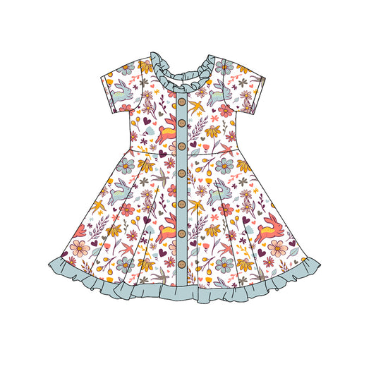 Baby Girl Toddler Short Sleeves Flower Rabbit Easter Knee Length Dress