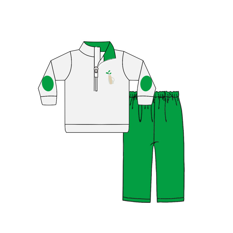 Baby Boy Long Sleeves Golf Print Zipper Shirt Green Pants Hunting Set Moq 5