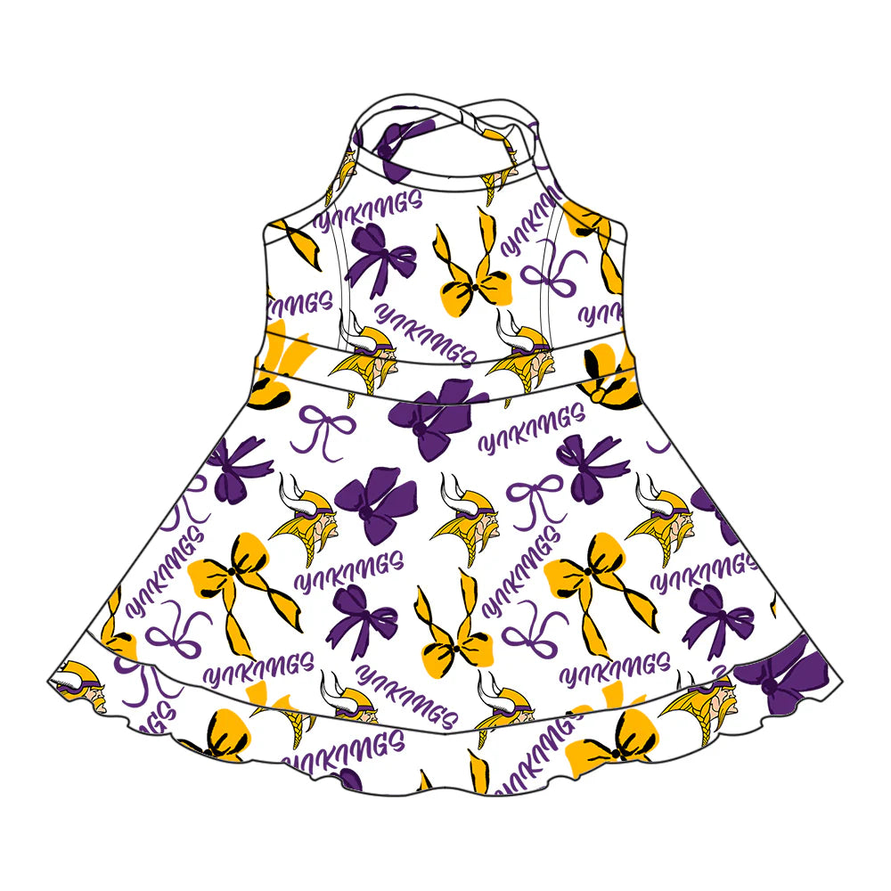 ( Moq 5 each style ) Baby Girl Toddler Team Bows Purple Sibling Skort Dress Set 6.9