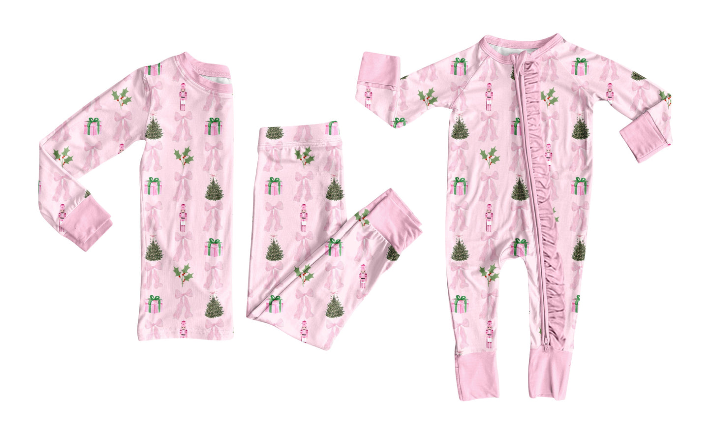 ( Moq 5 Each Style ) Baby Girl Toddler Christmas Pink Bows Sibling Pajamas Romper Set