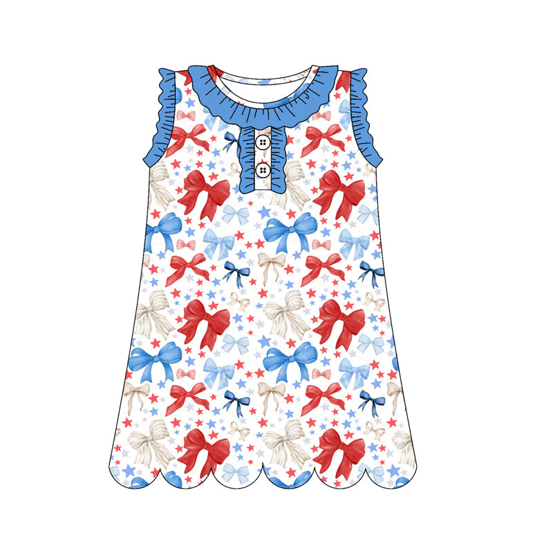 ( Moq 5 Each Style ) Sibling Baby Girls Kids Bows Flags Flower 4th of July Knee Length Dresses