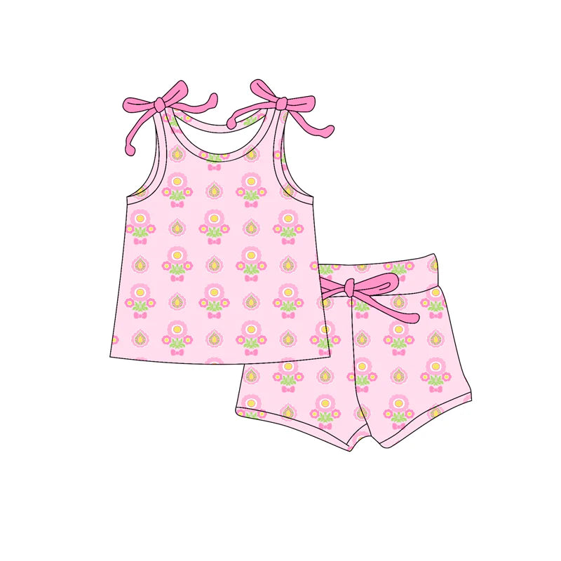 Baby Girls Bows Sleeveless Flowers Plaid Top Short Set ( Moq 5 )