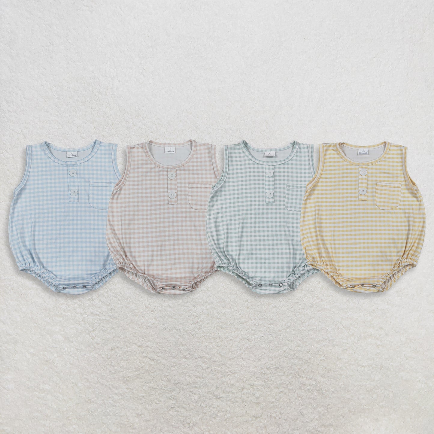 Sibling Baby Boy Infant Sleeveless Plaid Pockets Summer Bubble Rompers Clothes RTS