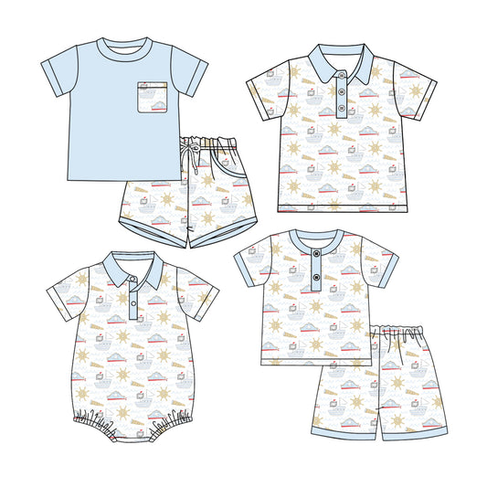 ( Moq 5 Each Style ) Baby Boy Toddler Short Sleeves Boats Sibling Shirt Romper Set