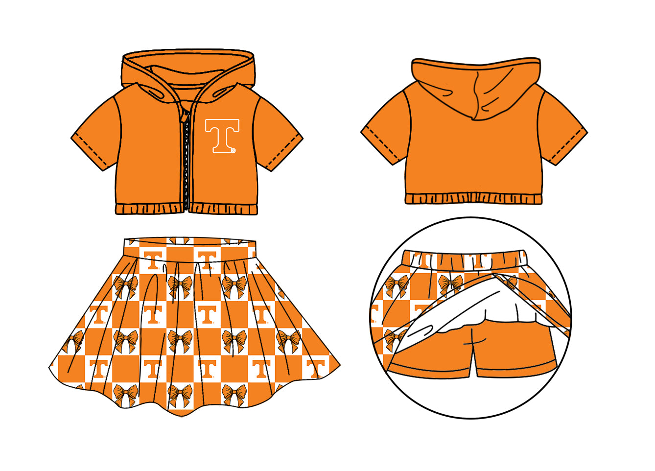 ( Moq 5 Each Style ) Baby Girls Kids Toddler T Orange Hoodie Zipper Tops Bows Shorts Skirt Team Set