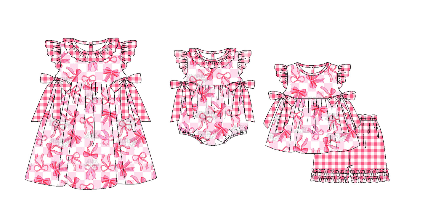 Baby Girl Bows Checkered Sibling Romper Dress Clothes Set ( Moq 5 Each Design )11.20