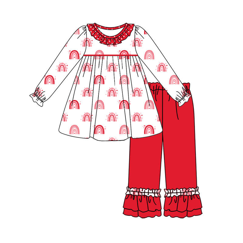 Baby Girl Long Sleeves Rainbow Hearts Tunic Red Pants Valentine Set Moq 5