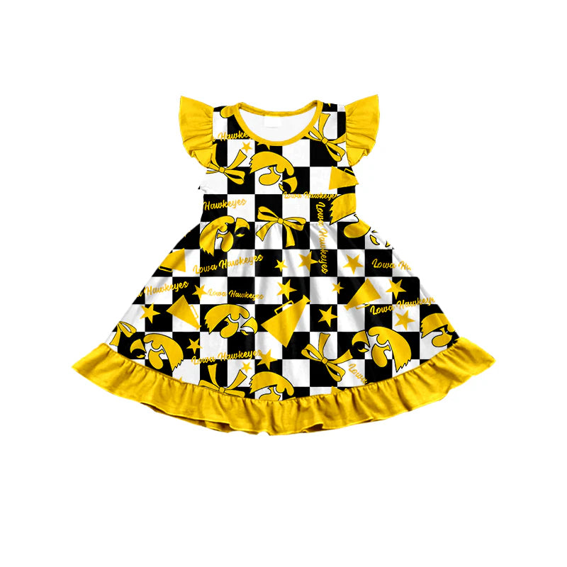 ( Moq 5 each style ) Baby Girl Toddler  Team Yellow Bows Cheer Sibling Checked Dress Set 6.30