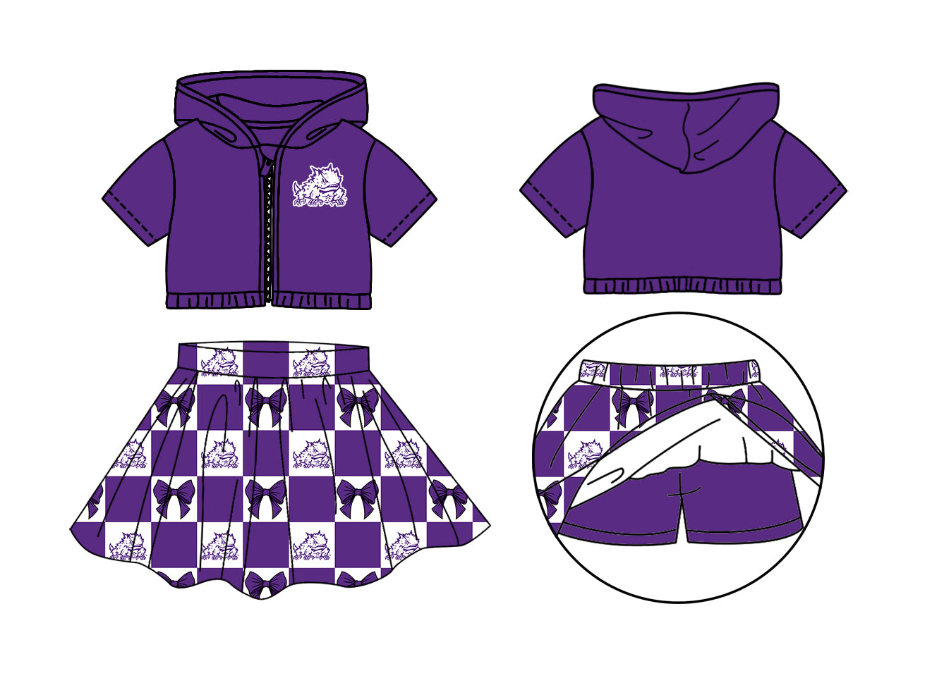 ( Moq 5 Each Style ) Baby Girls Kids Short Sleeves Frog Hoodie Zipper Tops Bows Plaid Shorts Skirt Team Set