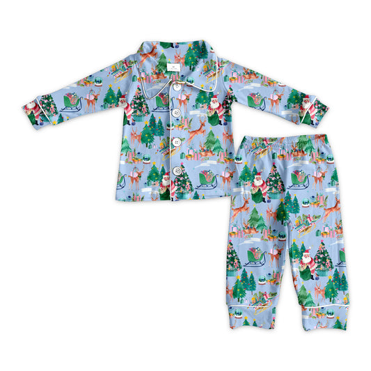 Baby Boy Toddler Christmas Deer Gift Tree Buttons Shirt Pants Pajamas Blue Set