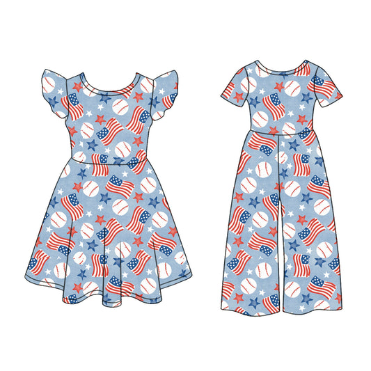 ( Moq 5 Each Style ) Sibling Baby Girls Kids Baseball Flags Stars 4th of July Dress Jumpsuit Clothes