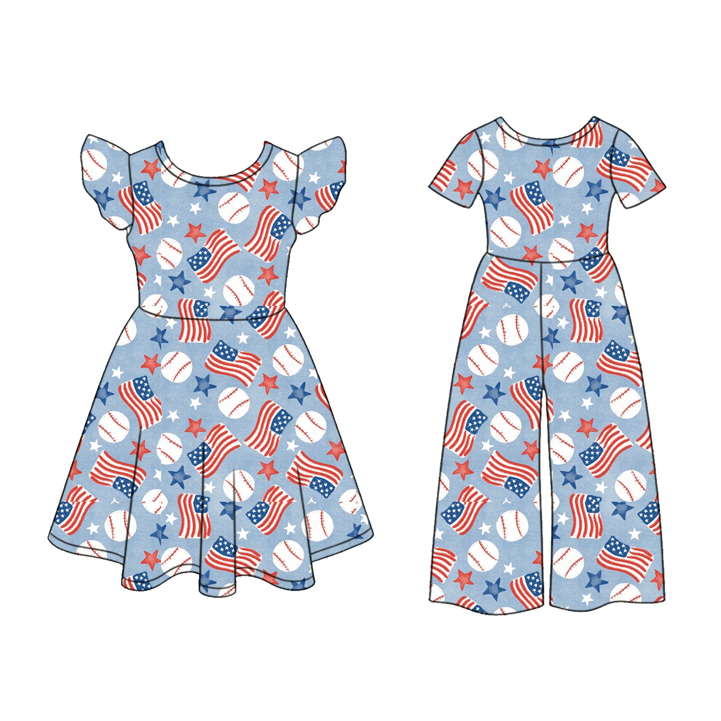 ( Moq 5 Each Style ) Sibling Baby Girls Kids Baseball Flags Stars 4th of July Dress Jumpsuit Clothes
