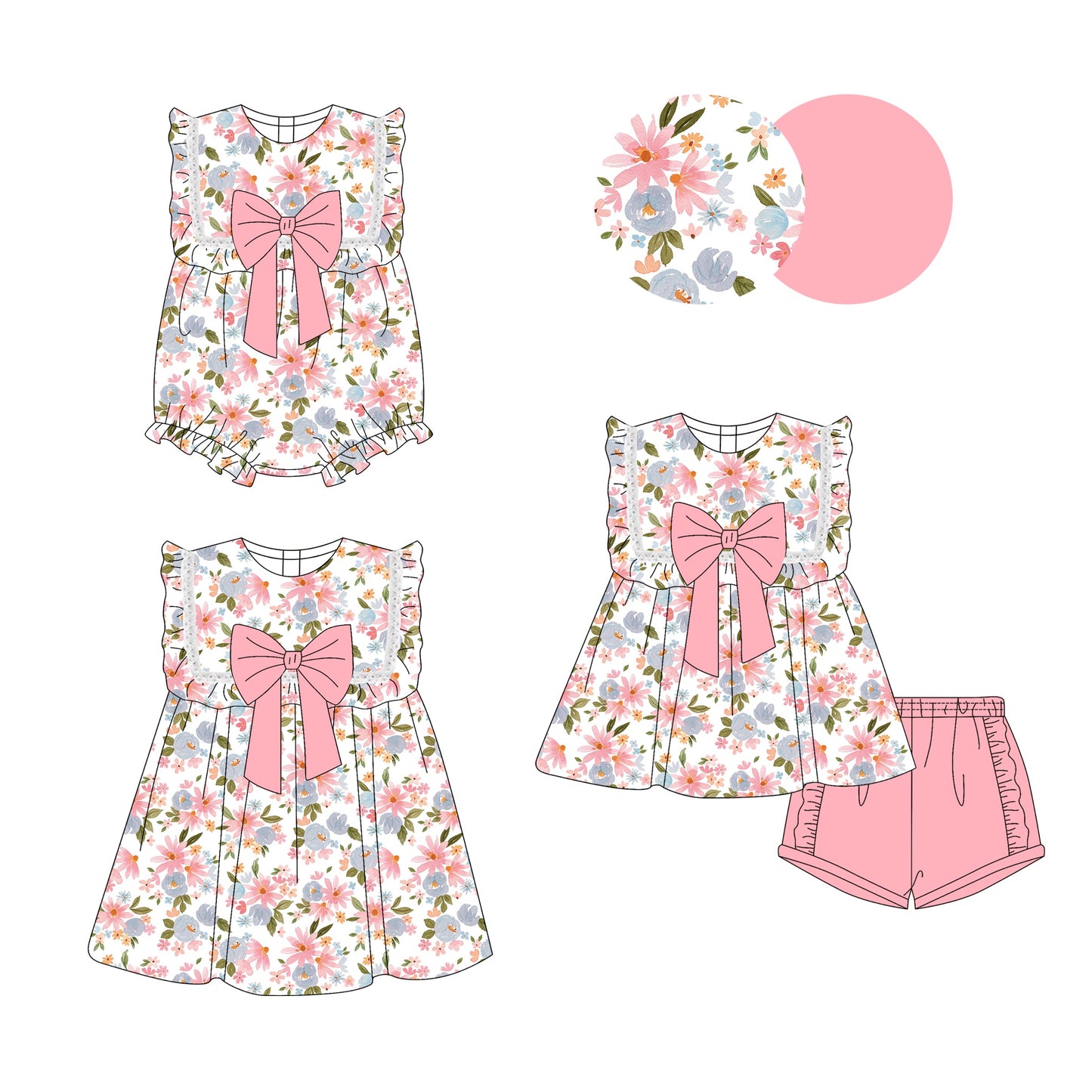 ( Moq 5 Each Style ) Baby Girl Flower PInk Bows Sibling Romper Dress Set 3.28