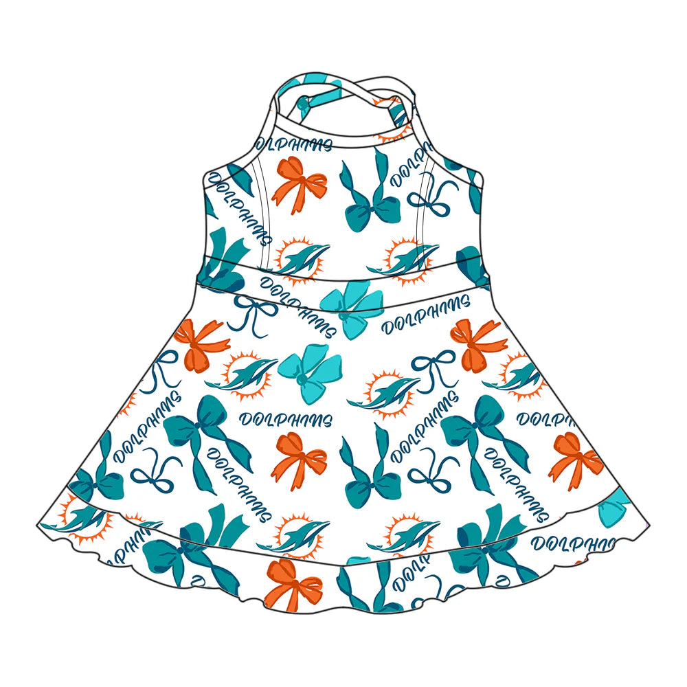 ( Moq 5 each style ) Baby Girl Toddler Team Orange Blue Bows Sibling Skort Dress Set 6.5