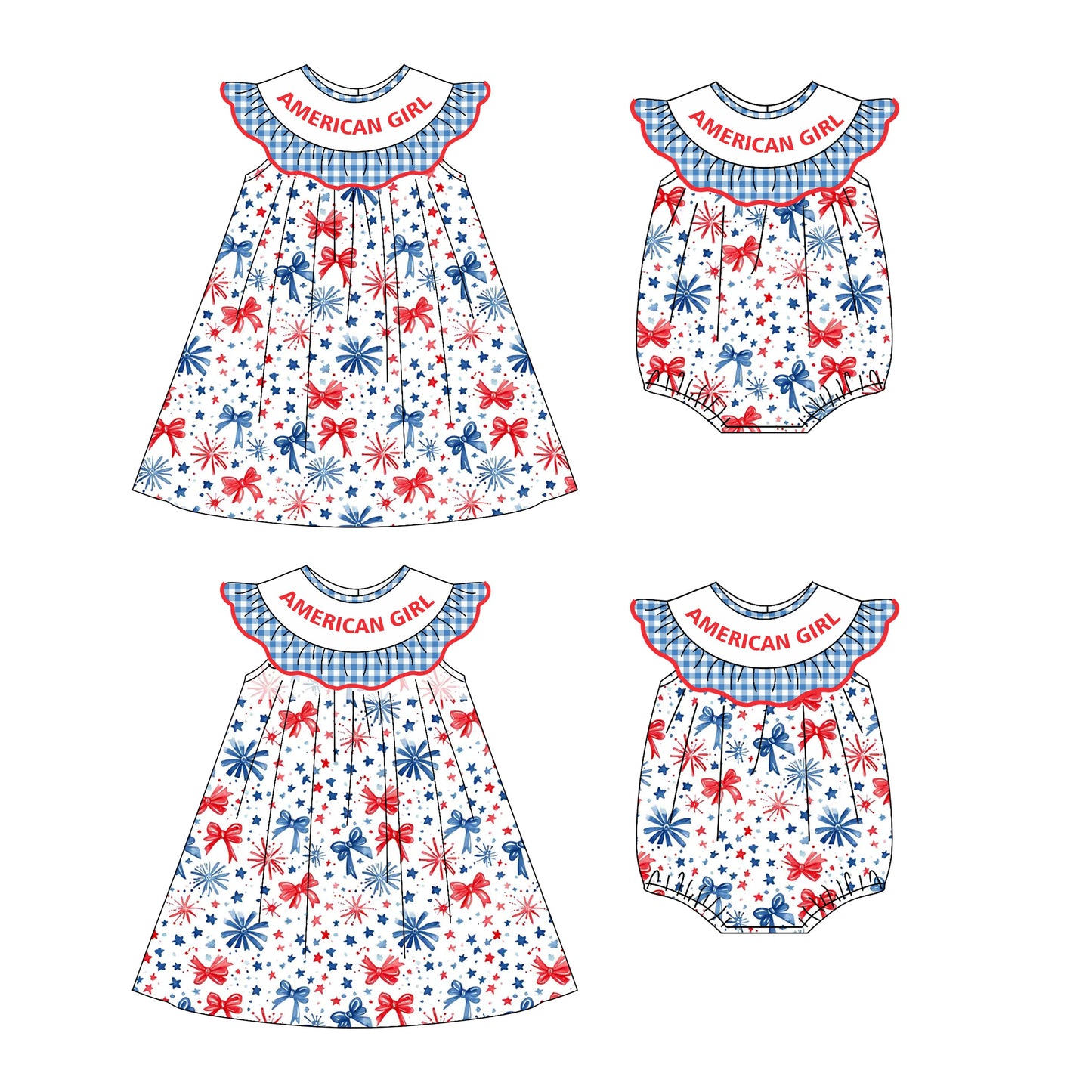 ( Moq 5 Each Style ) Baby Girl 4th Of July Bows Sibling Summer Romper Dress 4.22