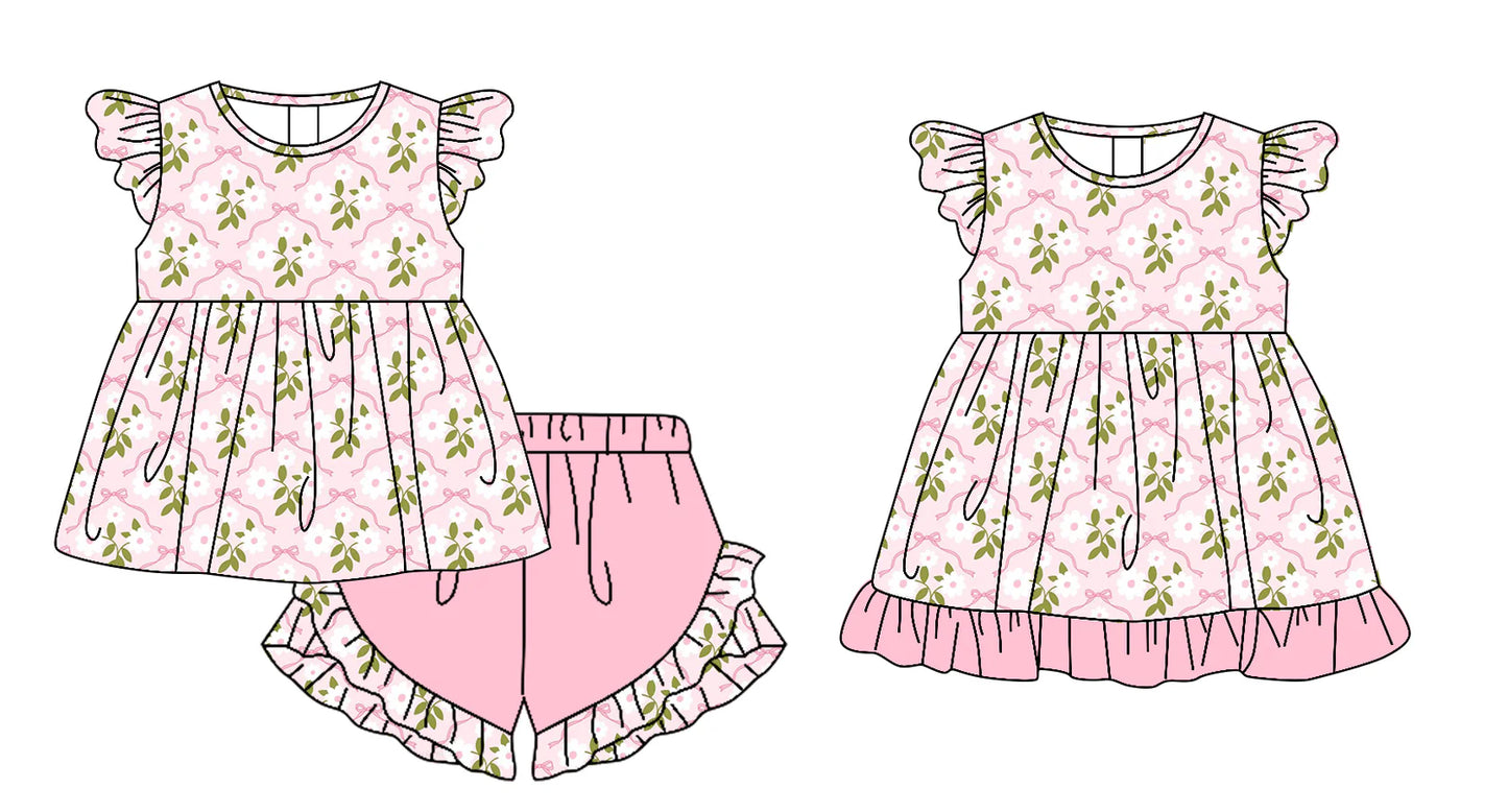 ( Moq 5 Each Style ) Baby Girls Kids Short Sleeves Flower Sibling Pink Dress Set