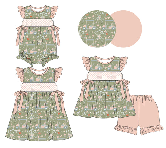 Baby Girl Short Sleeves Golf Bows Sibling Romper Dress Set ( Moq 5 Each Style ) 3.10