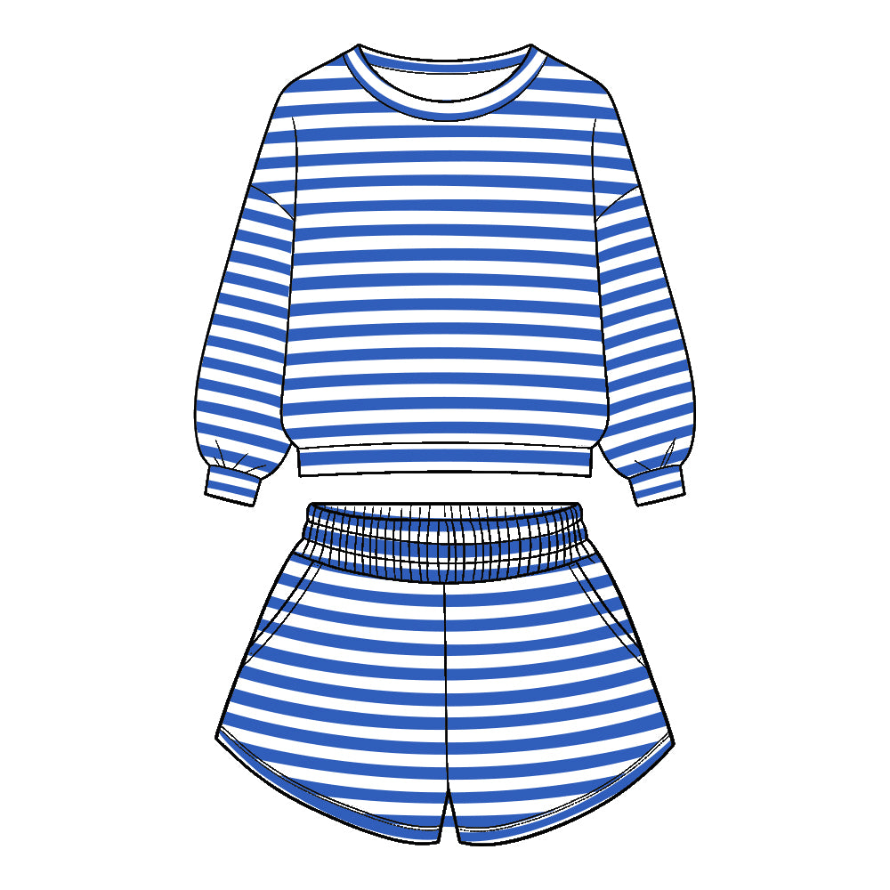 ( Moq 5 ) Baby Girls Kids Long Sleeves Stripes Shirt Pockets Shorts Team Set Clothes